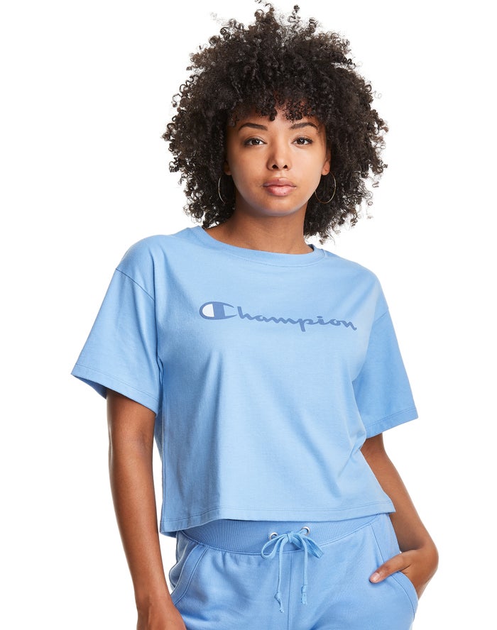 Champion Cropped Script Logo Kadın Tişört Açık Mavi ( QIZWCK019 )